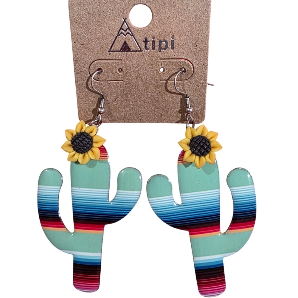 Tipi Southwestern Cactus Earrings Dangle Sunflower Boho Western NWT